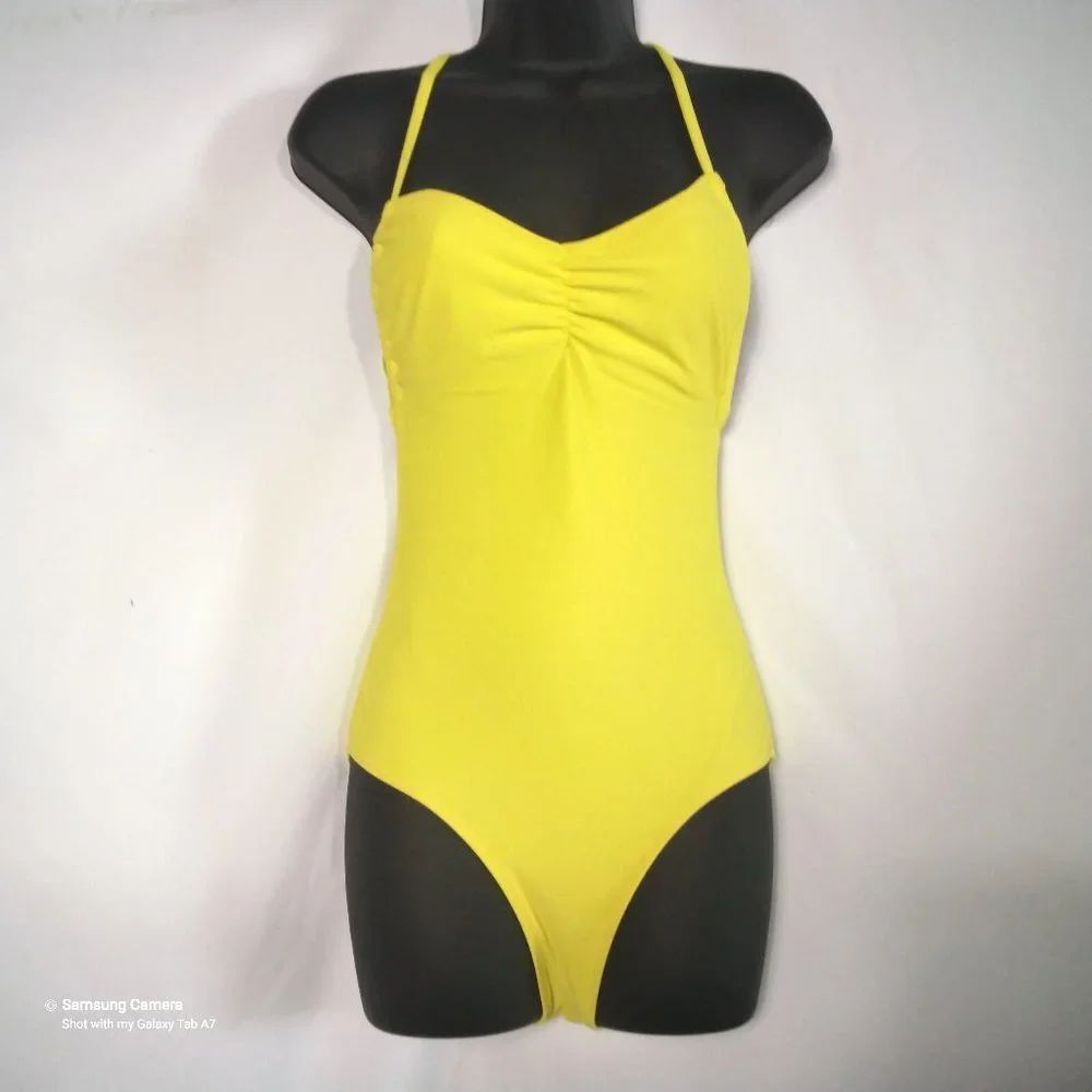 Alloy Yellow Halter Lace-Up Strappy Back One Piece Swimsuit New W/OT Size X-Smal